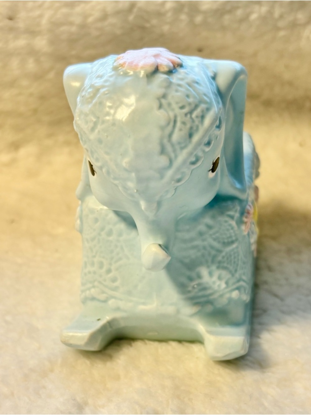 Light Blue Ceramic Elephant Vase with Pink Floral Accent